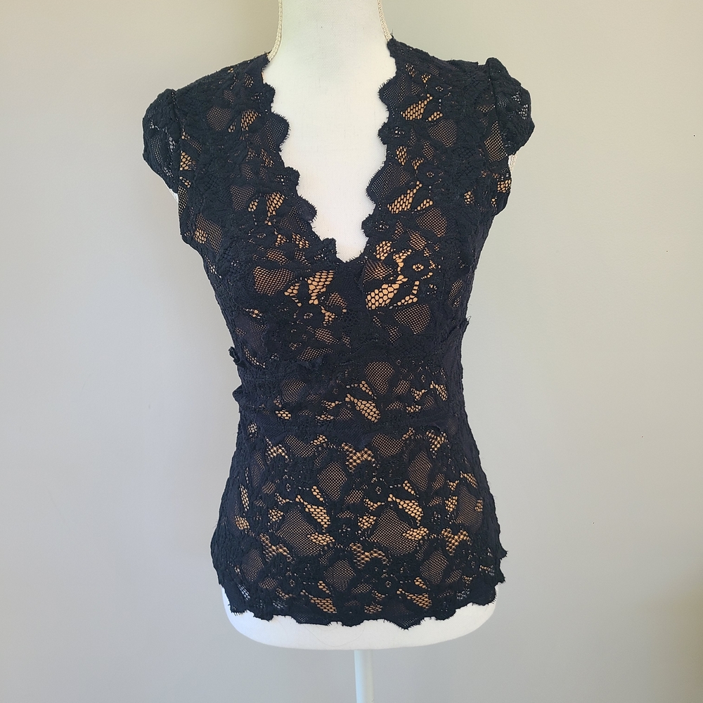 Nightcap Clothing Black Lace Cap Sleeve Blouse